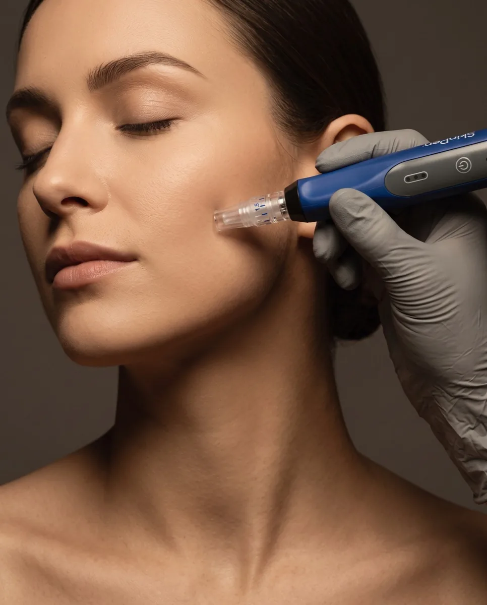 Urządzenie SkinPen® trzymane tuż przy skórze policzka przez dłoń w rękawiczce